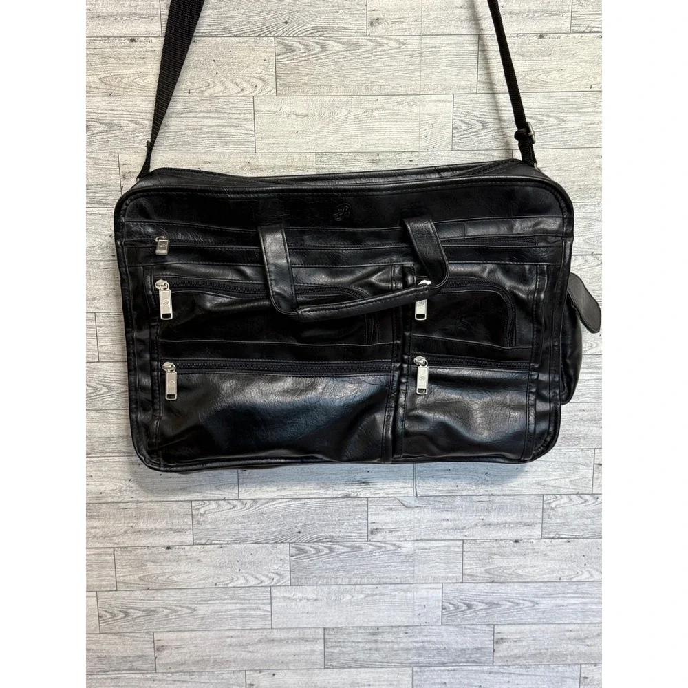 Philippe Amiel‎ Black Leather Multi-Pocket Travel Bag Briefcase Adjustable Strap